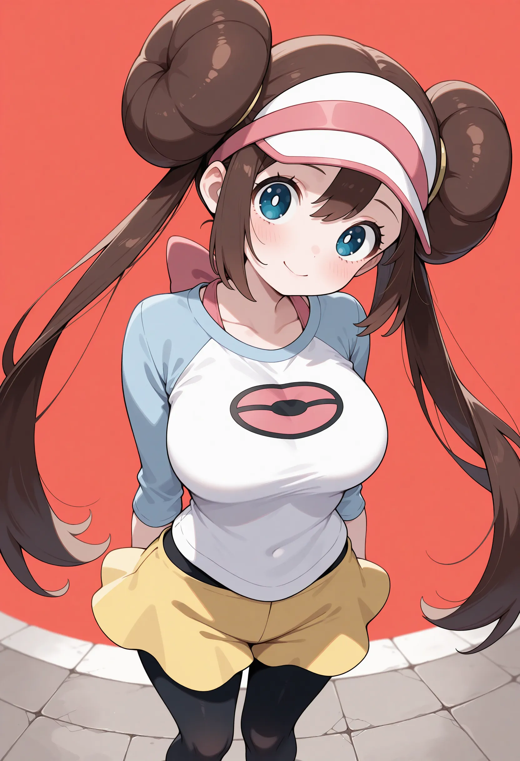 masterpiece, top-quality, hight resolution, RO1, Hair buns, blue eyess, Twin-tailed, Visor Cap, raglan sleeves, Yellow shorts, The shirt, Pink ribbon, Watches,large full breasts、、appealing breast、breastso、sexy tummy, tetas grandes, solo, 1girl, BEDROOM background, hands on chest, embarrased, blush, smile, lying on bed,