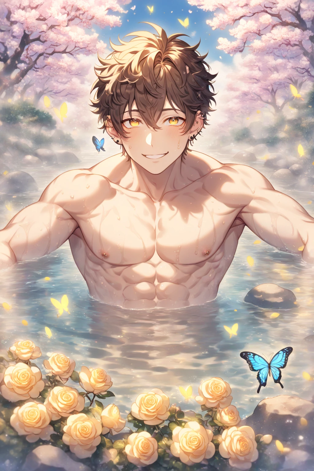 absurdres, highres, ultra detailed, HDR, master piece, best quality, perfect face, Chong Yue, black hair with white streaks, short hair, expressive red eyes, Arknights, black horns, slightly pointed ears, solo, sexy man, handsome, toned chest, horny, sensual, erotic, black boxers, water, red flowers