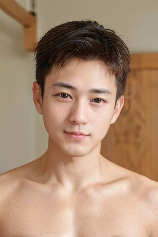 A japanese man with short、A man who is 13 years old but looks quite young.、Muscular but short、Quite small face and enlarged muscles、Smooth skin and short stature、Handsome, baby-faced, but short and muscular、A happy smile as he shows off his thin, revealing white boxer shorts、Relaxed attitude、Very short black hair、Smiling with his mouth open、Sitting upright、in narrow bathroom、A young but masculine cool pose