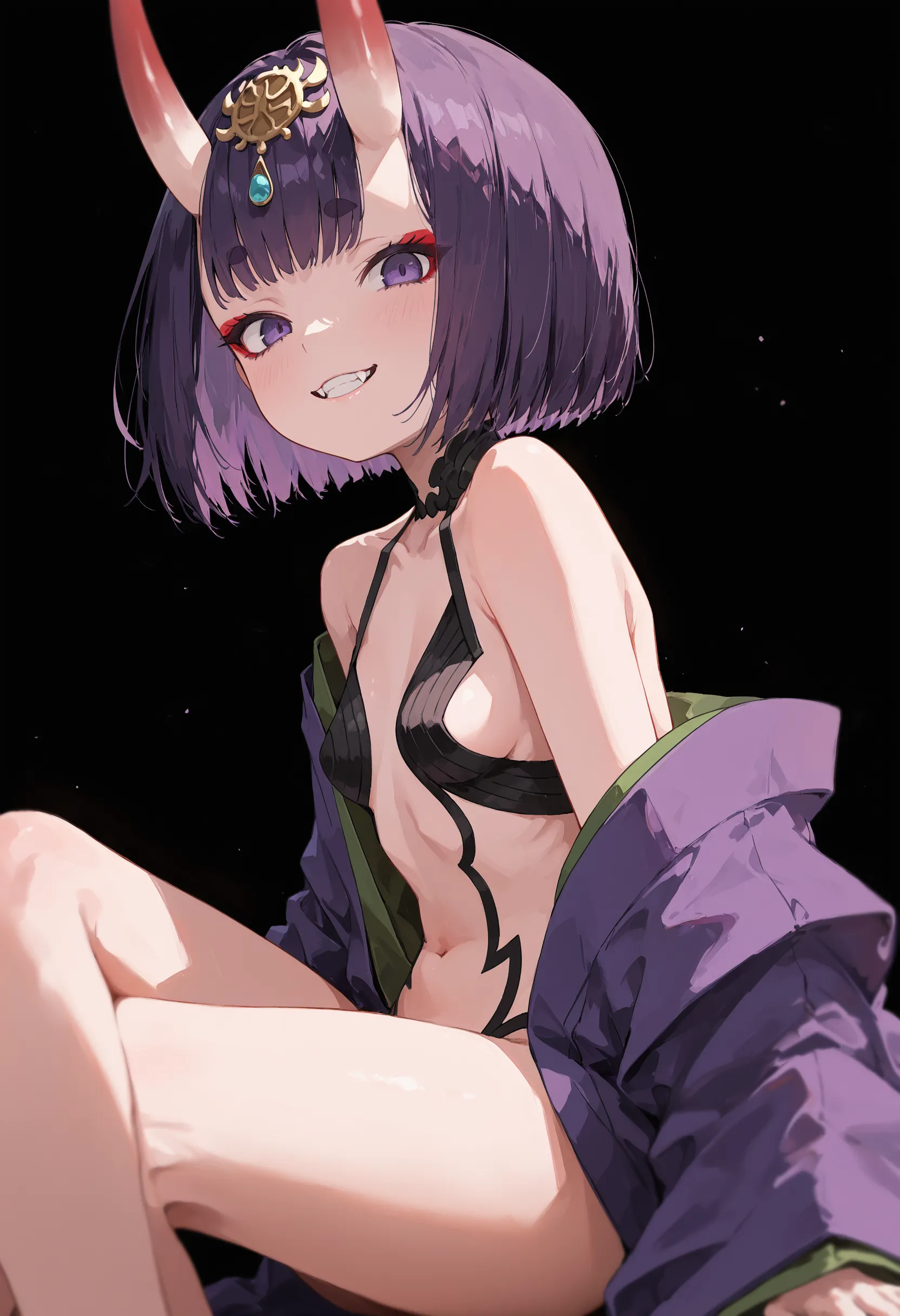 shuten douji,(Absurd, 8K, 4K, Tabletop, Extremely detailed:1.2), Highest quality, Perfect Anatomy,Perfect Face,Browsing Caution,Young girl,Purple eyes,Look forward,short hair,Purple Hair,(Devil horns:1.1),Purple kimono,(Very flat chest:1.3),in the forest,cherry blossoms,shrine
