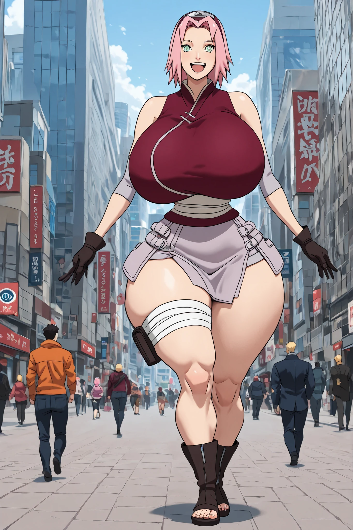 chocovenus, chocovenus body type, gigantic breasts, narrow waist, wide hips, thick thighs, small head, happy, sakura haruno, walked, fullbody art, city background