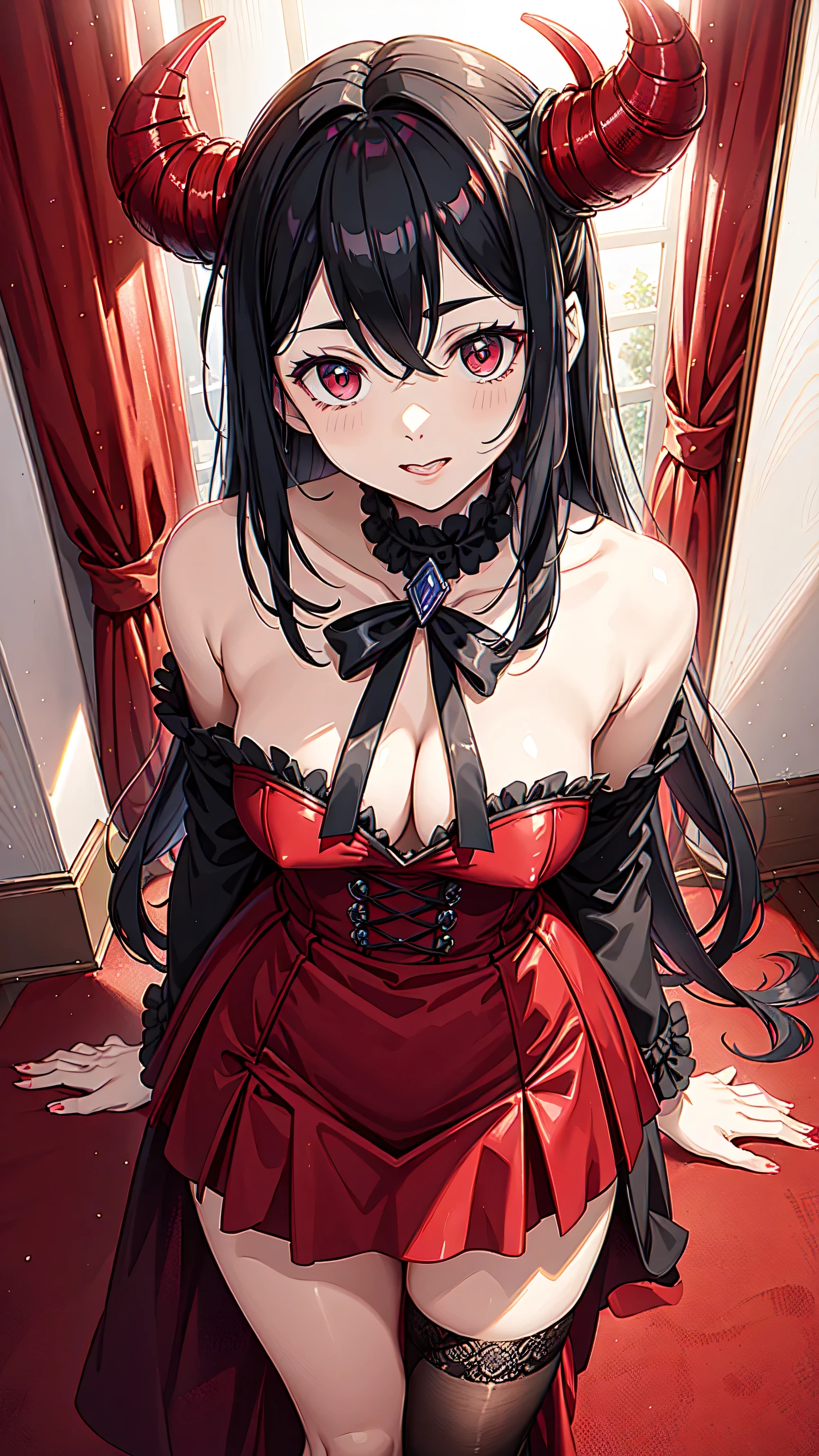 score_9, score_8_up, score_7_up, source_anime,
kurumitokisaki, kurumi tokisaki, black hair, red eyes, long hair,
twintails, yellow eyes, hairband, heterochromia, dress unbuttoned, red dress unbuttoned, bare shoulders, collarbone, choker, bowtie, red bowtie, detached sleeves, corset unbuttoned, frills, cleavage unbuttoned,sitting,legs open, looking at viewer, cowboy shot, dutch angle,showing ????? breasts, medium large breasts, showing ????? breasts ,????? breasts nipples,semi ?????,loli,(cowboy photo: 1.5)