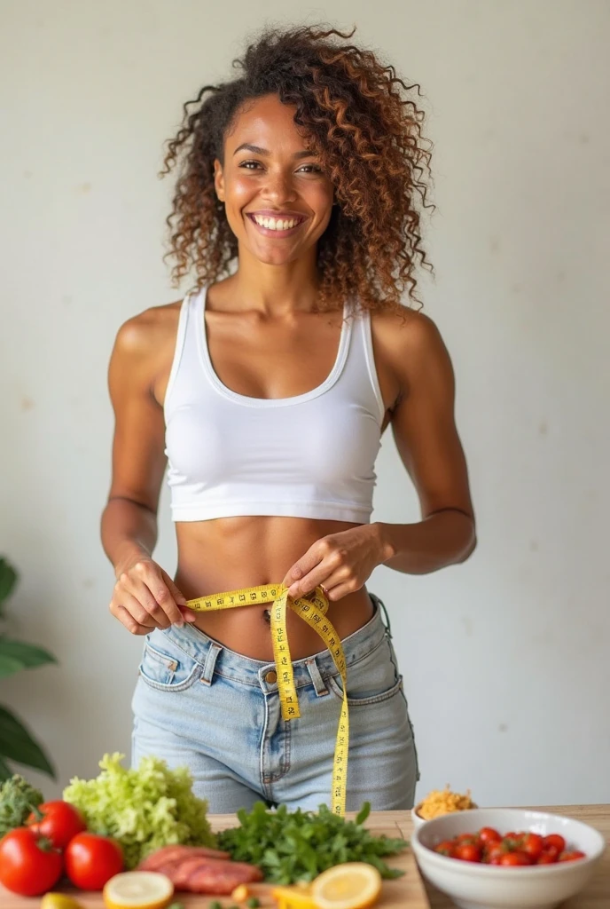 A woman with her belly shows her measuring her own waist circumference with a tape measure