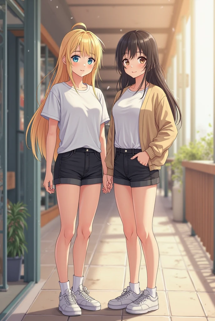 ((best quality, masterpiece:1.3, 8K)), (detailed), highly detailed face and skin texture, detailed eyes, downtown, full body, slender body, 2girls, 25 years old, white skin, bright lips, scared, worried, embarrassed, panicking, long hair, (forehead:1.0), jeans pants, flares jeans, blue jeans, peeing jeans, peeing pants, pee stain, (wetting herself:1.5, desperation:1.5),