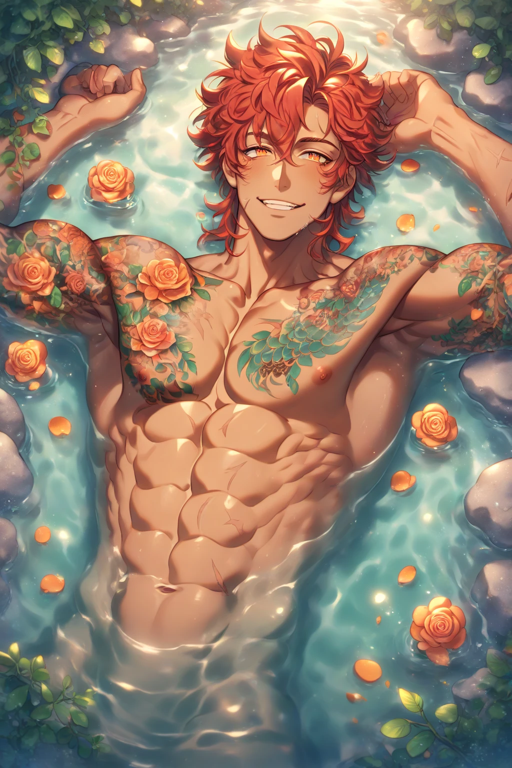 Ultra detailed, HDR, Highres, absurdres, master piece, Eustass ???, red hair, expressive brown eyes, red lips, without shirt, bare chest, toned chest, One Piece, sexy man, handsome, flowers, petals, fantasy, magical, green leaves, solo, best quality, glittering, sensual, horny, water, beach, gay couple, yaoi,