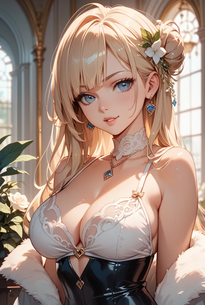 super high image, super detail, super high resolution, portrait, sexy female, beautiful, cute, glasses, blue sparkling big eyes, light blonde glossy braided bangs hair, red alluring moist lips, amorous expression, lewd expression, huge breasts, under boobs, side boobs, abs, great proportion, perfect proportion, slender, black lace see-through tight dress, background lots of petals from lilies cherry blossoms and sunflowers are spread all over the place, professional lighting