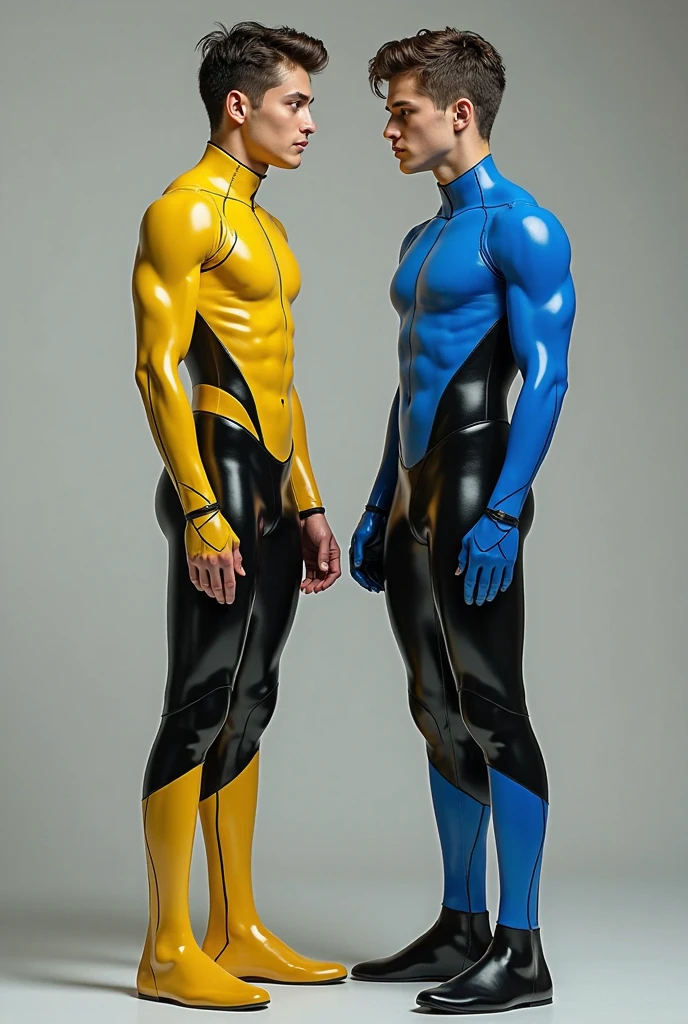tmasterpiece， Best quality at best， 2 young men， A gay couple， Homosexuality， 2 Men， A red-haired person and another blonde person， Height difference， Different colors， apathy， Loves， Church background， Thick and messy hair，Gay，All wore tight light blue neoprene suits,onesie，lacepantyhose，Attractive feet，Model figure，Tall and tall，