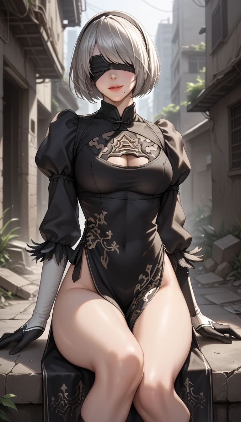solo, A beautiful evil lady assassin, silver short hair, blue eyes, gazing condescendingly at the viewer with a scornful grinning expression, (((heart marks are floating in the background, kiss, blow a kiss to the viewer))), (Lying on the bed), ((seduction, seductive attack, temptation, temptation attack)), (opening your legs), (not showing your skin), extremely detailed , masterpiece quality, ultra-detailed, HDR, vivid colors, physically-based rendering, thick muscular thighs, beautiful muscular thighs, attractive buttocks, very strong wrestler, High resolution, masterpiece, accurate, Anatomically correct, Winner of numerous awards, best quality, detail, high detail, high quality, quality, Retina, Very detailed, Textured skin, Ultra high definition, (wearing gray, wearing a tight Chinese dress, wearing a skirt, wearing a tight dress), (((wet body))), (steam)