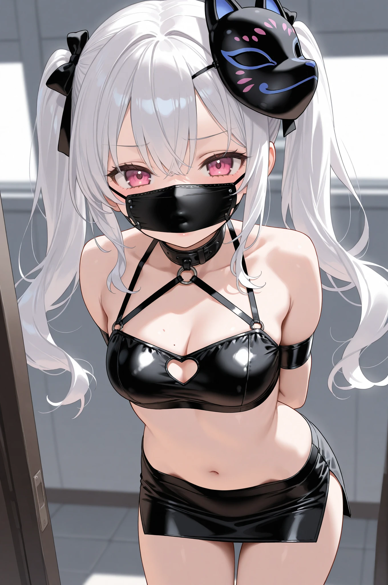 (masterpiece:1.2, top-quality), beautiful illustration, NSFW, looking at viewer, cowboy shot, front view:0.6, 1 girl, japanese, high school girl, perfect face, cute and symmetrical face, shiny skin, (long hair:1.8, straight hair:1.7, silver hair), asymmetrical bangs, (large breasts:1.1, thick thigheautiful hair, beautiful face, beautiful detailed eyes, beautiful clavicle, beautiful body, beautiful chest, beautiful thigh, beautiful legs, beautiful fingers, ((lingerie, bra, pink lingerie, white panties, white thighhighs, visible panties)), pink panties, beautiful scenery), ((vibrator in thighhighs, thighvibe, bkindfolded, blindfold)), ((bound wrists, bound hands, bondage, bdsm, tied up, bound legs, bounded, in box, tears, saliva, leather belts, ball gag, ball gagged, gagged, hands behind back, arms behind back)), (chain leash, collar, viewer holding leash, leaing forward), (((prison, prison cell, prison background, dark room, no windows, locked up)))
