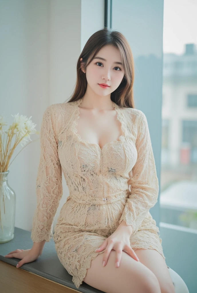 masutepiece, Best Quality, Illustration, Ultra-detailed, finely detail, hight resolution, 8K Wallpaper, Perfect dynamic composition, Beautiful korean girl, Beautiful detailed eyes,  Natural Lip, Wearing an elegant dress, Big breasts, cleavage, in the hotel, light smile, Random sexy poses