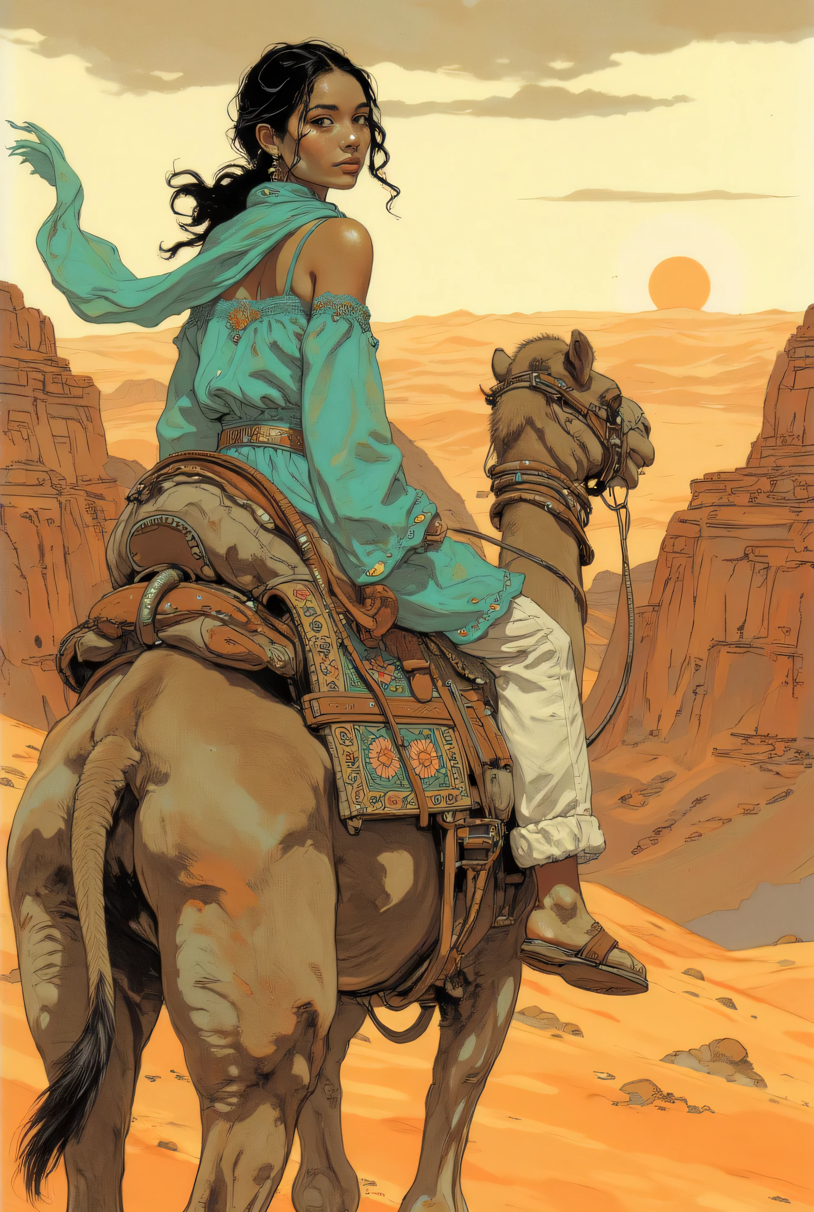 First General. A beautiful young Jordanian woman sits astride a camel wandering through a desert canyon. Her curly black hair is elegantly braided and held back by a small turquoise cloth scarf, adorned with intricate details that embody the cultural strength and grace of her Arab heritage. She wears a beautiful, loose-fitting turquoise linen nightgown, intricately embroidered and decorated with elaborate stitching and Arabic patterns that have been passed down through generations. Her fine linen trousers are loose-fitting and white. She wears handmade leather sandals. The camel rides on a traditionally woven bedroll and leather saddlebags. A stunning desert landscape unfolds in the background, revealing warm oranges, rusty ochres, and the scorching glow of the sun dancing across the sky. Illustration styled in DB4RZ style.