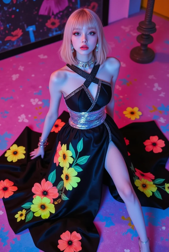 lady gaga with Versace floral print dress, 4K texture, long hair, high quality, extravagant hairstyle, original album cover, 8k image, futuristic, high image quality, at night, hair accessories, very realistic and defined face, image quality 1.80