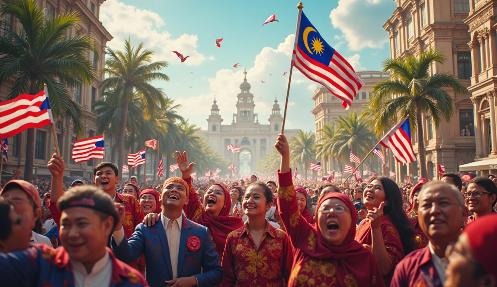 Scenes of Malaysia's National Day. Some people are wearing traditional ethnic clothes, some are waving national flags, and some are dancing.