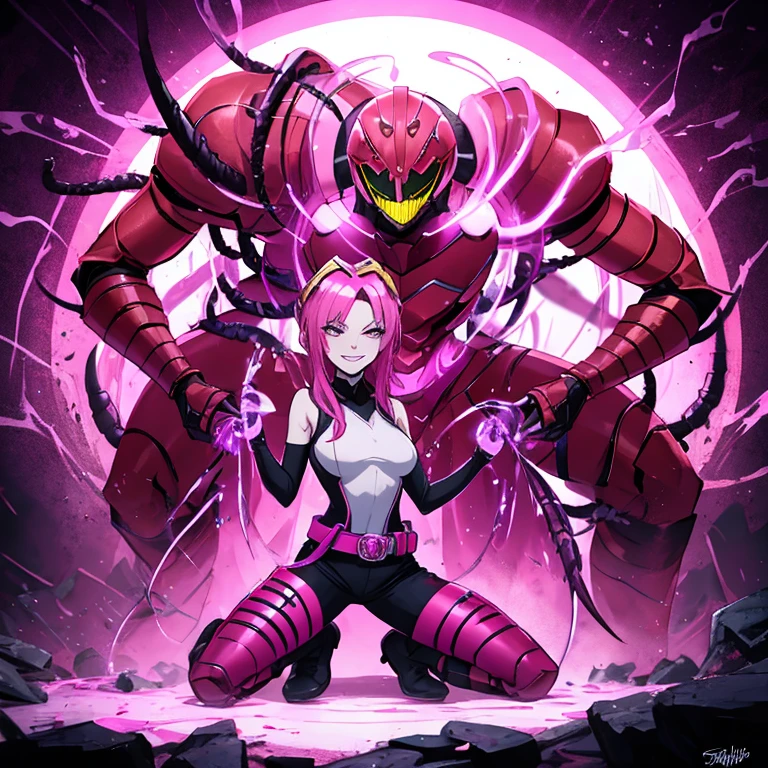 Woman wearing hot water dripping tentacles、evil smile、Lustrous tentacles、Cel Shade Adult Animation、Metroid Suit、The long-haired、Brown beauty
