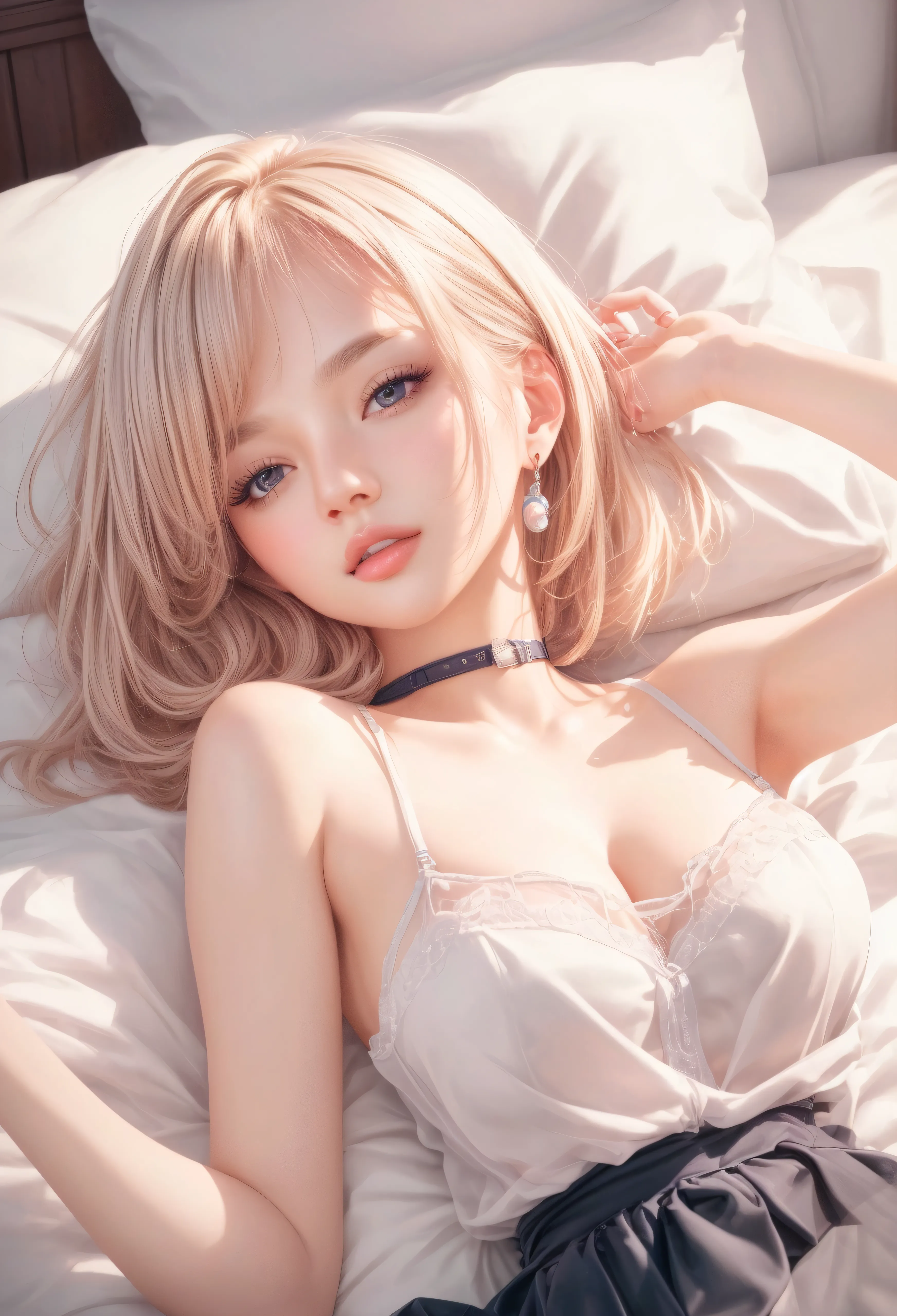((Browsing Caution:1.4, masterpiece, Highest quality, High resolution, 超High resolution, Pixel perfect, Written boundary depth, 4K, RTTX10.0, High resolution))), One Girl, single, alone, she, Beautiful Anime Girls, Beautiful art style, Anime characters, (((((short hair、Blonde、lure))))), ((Beautiful eyelashes)), ((Detailed face, Blushing:1.2)), ((Smooth texture:0.75, Realistic texture:0.5, Anime CG Style)), ((Beautiful and large breasts, Cleavage)), indoor, Bedroom, Dynamic Angle, Big Breasts, Perfect body, Underarm, ((Sleeping in bed, (Sleep on your back:1.5), sleepy, close your eyes, Lying in bed, Sleeping posture, Wake up)), ((close, throw, cute, Shoot the body, Sighing expression)), ((red bra color, Red Lingerie)), (Natural light, Reflection of light, Morning Scenery), Embarrassed expression, (Expression of sexual pleasure:1.4), (Expression of unbearable pain:1.2), The expression of someone who is holding back from going to the toilet, twist, Raise your hand