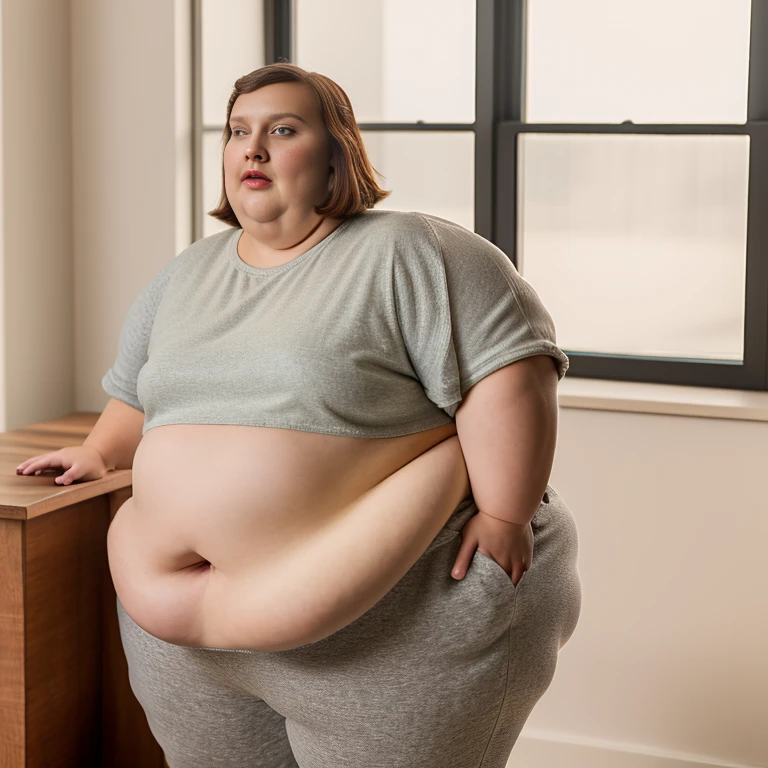masterpiece, best quality, 1girl, the girl is obese, (((USSBBW))), (((morbidly obese))), streched clothing, ((beautiful face)), ((detailed face)), sitting on the sofa, gray T-shirt and green long shorts