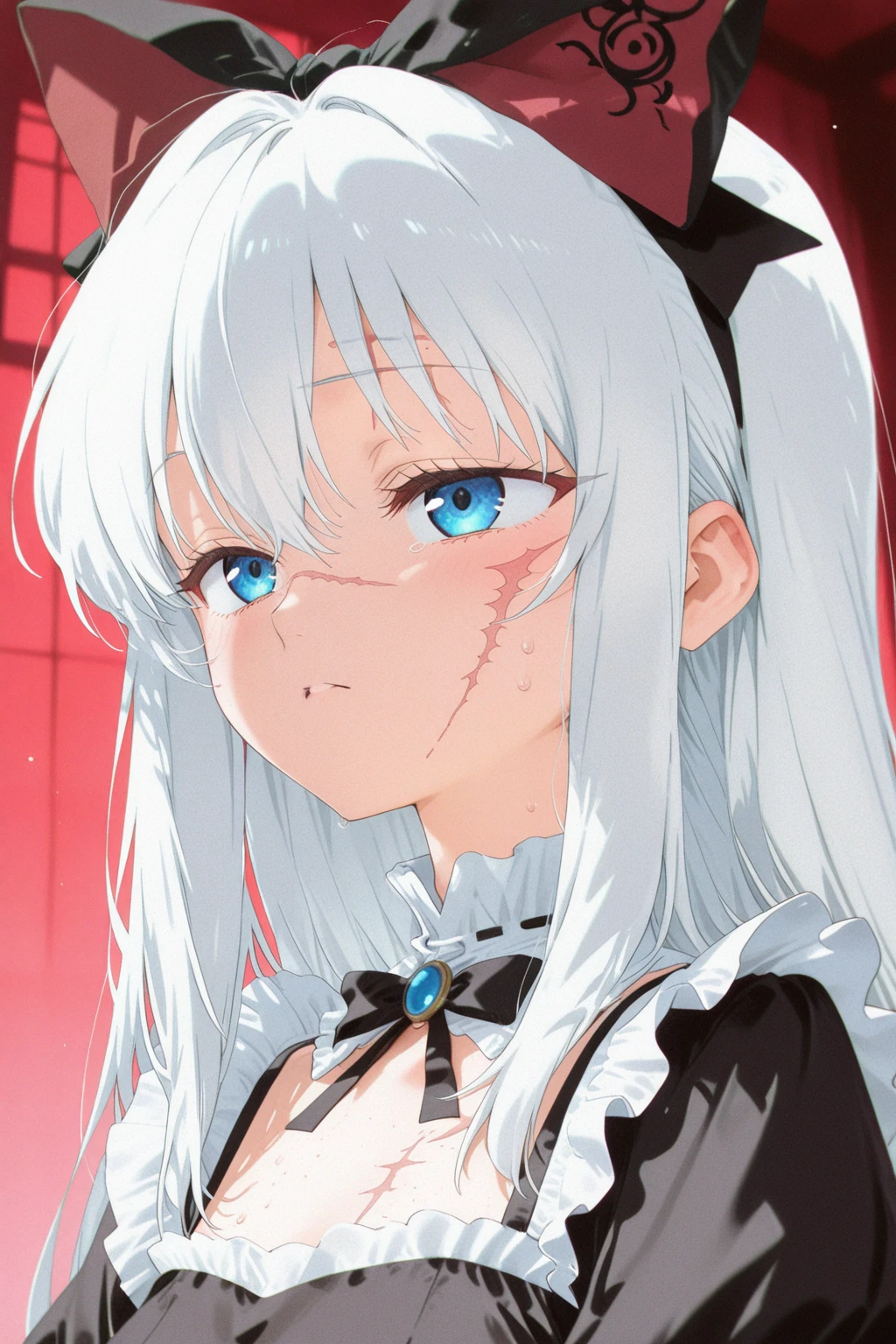 solo,masterpiece, best quality,1girl, bangs, black_gloves, border, braid, closed_mouth, gloves, grey_eyes, hat, long_hair, long_sleeves, looking_at_viewer, nurse, nurse_cap, own_hands_together, smile, solo, upper_body,white hair,blood