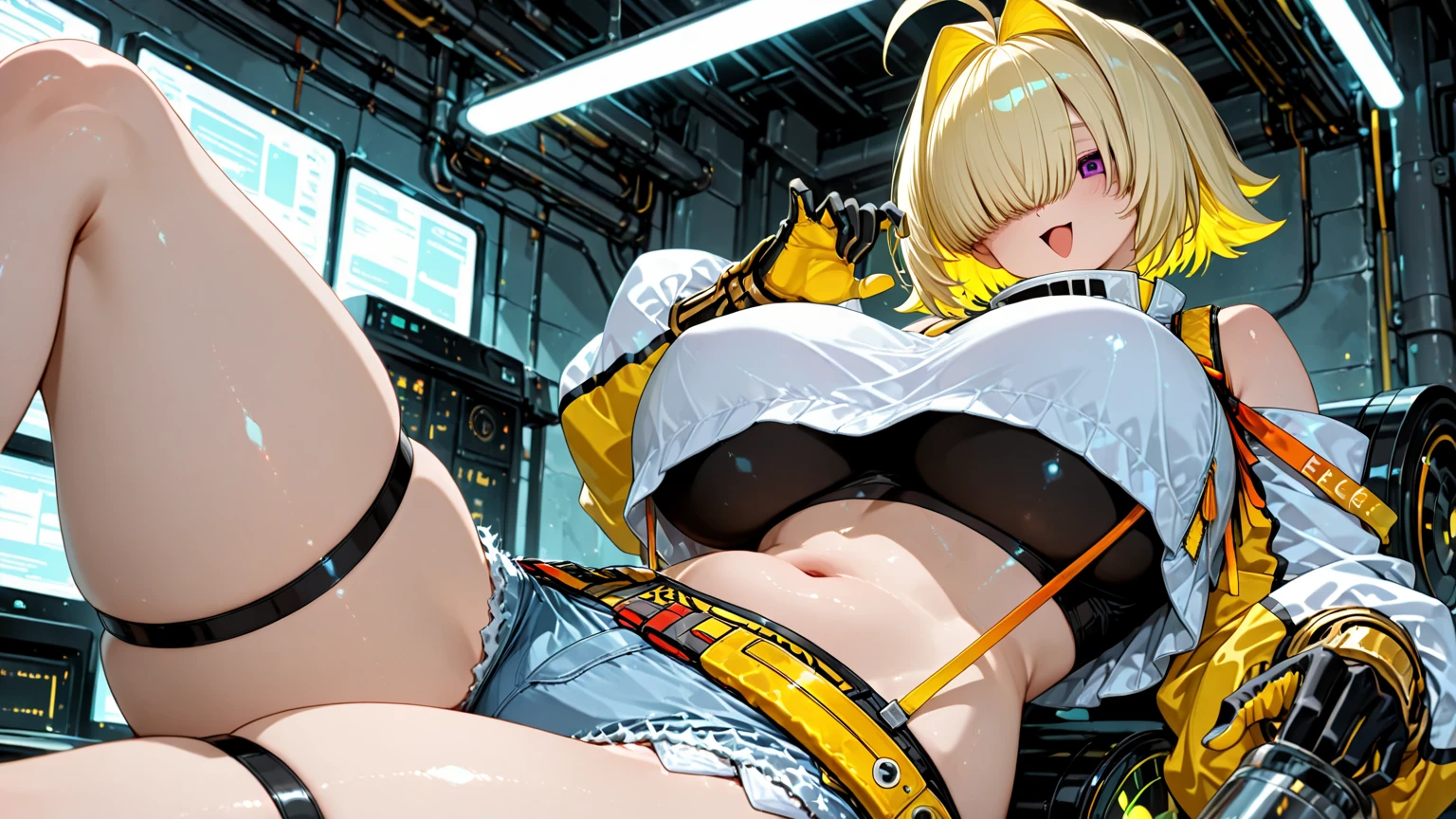 1girl, large breasts, thighhighs,solo, thigh boots, black skirt, black footwear, (((masterpiece,high resolution,best quality))), solo, blonde hair, on back, looking at viewer, open mouth, solo, blush, wet clothes, heart, arms up, wet, huge breasts, short hair, pervert, white panties, himiko toga, bdsm, shibari, restraint, bondage ropes, rope, tied up, restrained body