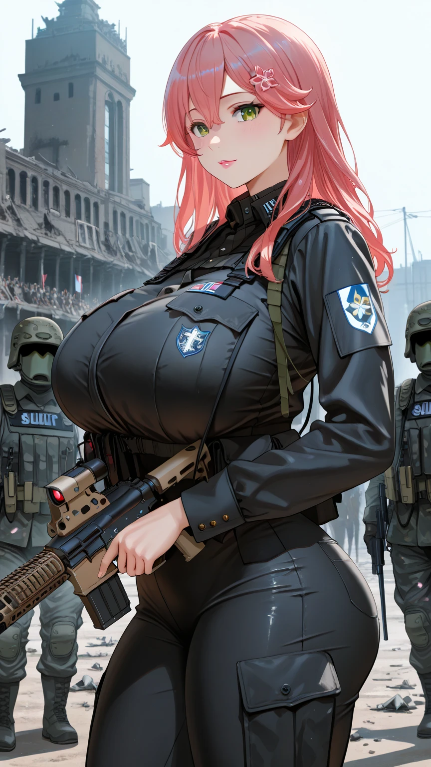 ((Best Quality)), ((Masterpiece)), (detailed), anime girl, Red hair,stuck clothes, exposed chest, in love, looking to the right, coquette, sexy, murderess, without underwear , military camouflage, tactical, arma de asalto tactical, tactical team