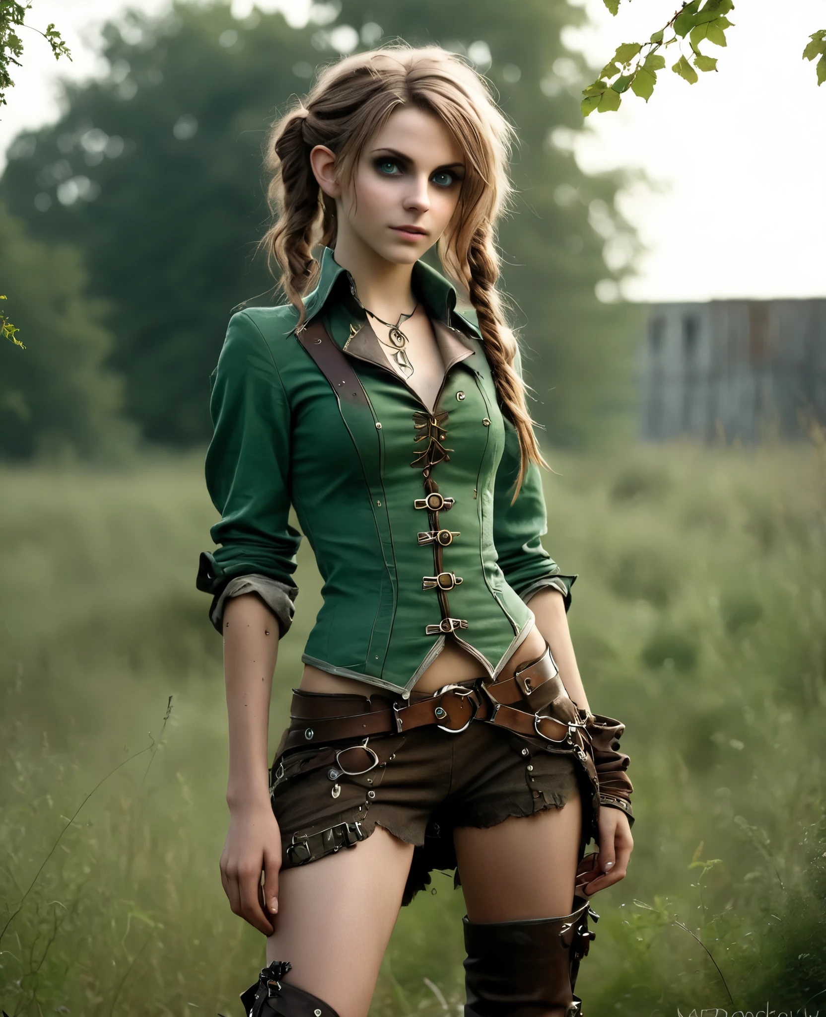 cute elf, (teenage elf with extremely cute eyes)), (((elf))), ((((high resolution))), (((extremely detailed))), ((masterpiece)), looks like Aerith Gainsborough, dramatic shadows, depth of field, analog photo style, (world in which are collide steampunk and postapocalyptic vibes), postapocalyptic cute female in steampunk aesthetic, torn dirty clothes, depth of field, full body shot, unzoomed, (perfect body: 1.4), (sidecut short hairstyle), (stalking is quite common, although not the best way to make a living), stylized atmosphere of unreality, dark atmosphere, dynamic pose, in motion, Armageddon, increase cinematic lighting, highly lifelike skin texture, parted lips, weary eyes, fine eyes, whitened skin, random hair colour, doomsday aura
