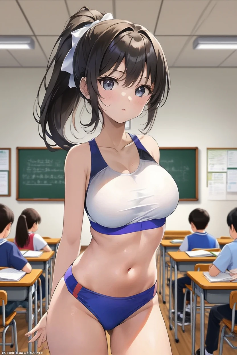 Score_9_up, score_8_up, score_7_up, 1girl, faired skin,(black hair ponytails with bangs), standing, arms behind head, embarassed face, clench teeths, looking angry, big breast, tall body, bra, boys briefs, inside classroom, open legs, (pee)