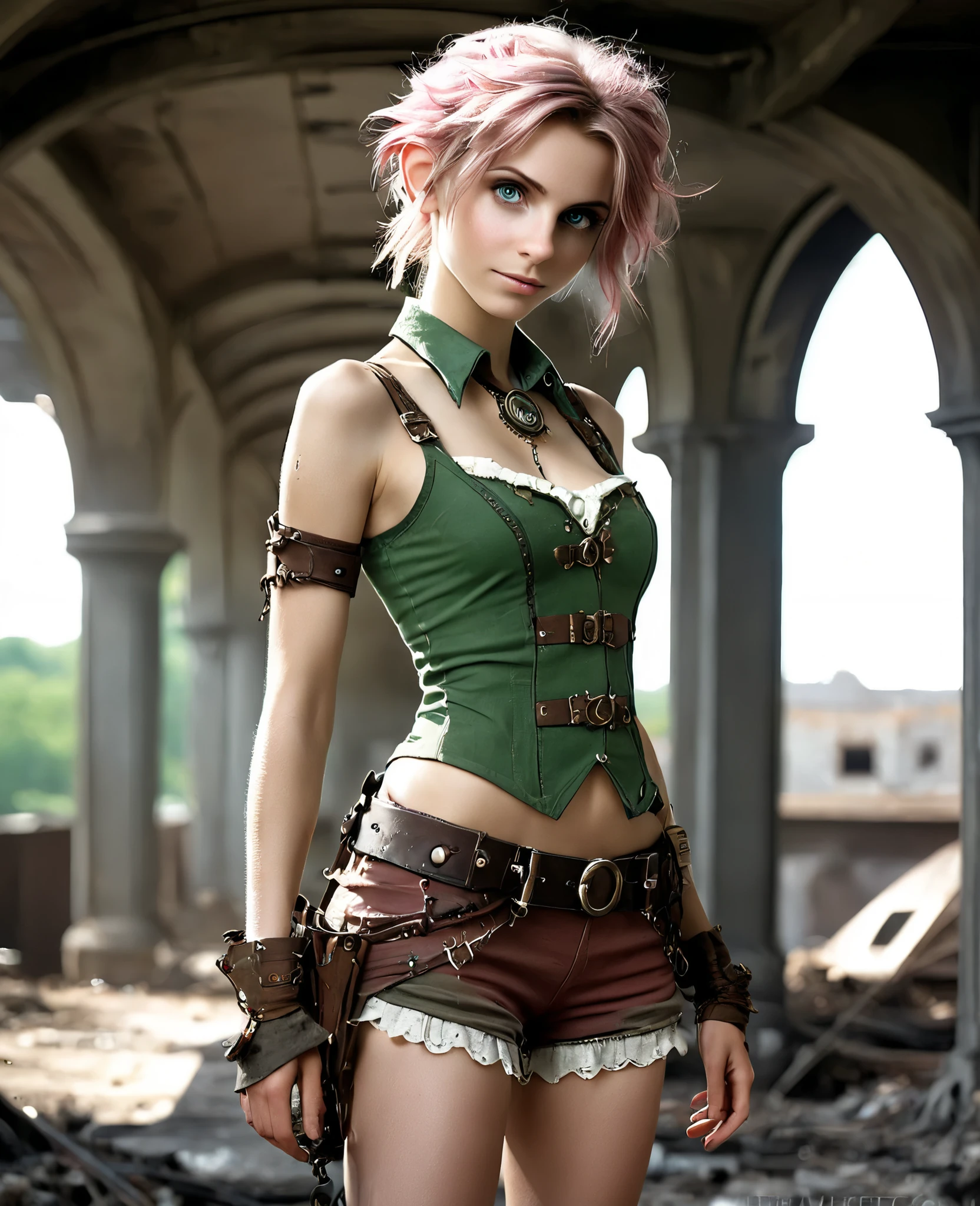 cute elf, (teenage elf with extremely cute eyes)), (((elf))), ((((high resolution))), (((extremely detailed))), ((masterpiece)), looks like Aerith Gainsborough, dramatic shadows, depth of field, analog photo style, (world in which are collide steampunk and postapocalyptic vibes), postapocalyptic cute female in steampunk aesthetic, torn dirty clothes, depth of field, full body shot, unzoomed, (perfect body: 1.4), (sidecut short hairstyle), (stalking is quite common, although not the best way to make a living), stylized atmosphere of unreality, dark atmosphere, dynamic pose, in motion, Armageddon, increase cinematic lighting, highly lifelike skin texture, parted lips, weary eyes, fine eyes, whitened skin, random hair colour, doomsday aura