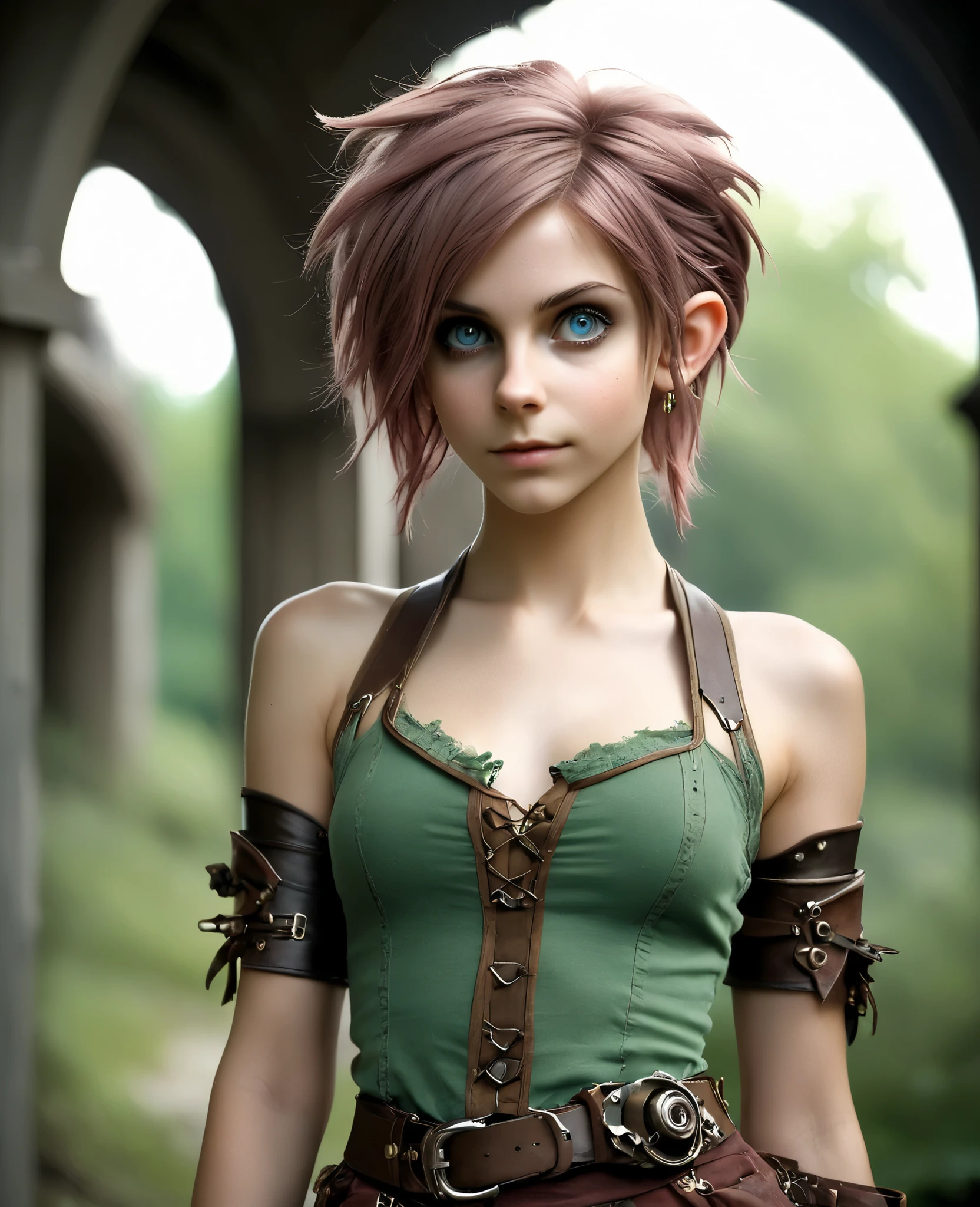 cute elf, (teenage elf with extremely cute eyes)), (((elf))), ((((high resolution))), (((extremely detailed))), ((masterpiece)), looks like Aerith Gainsborough, dramatic shadows, depth of field, analog photo style, (world in which are collide steampunk and postapocalyptic vibes), postapocalyptic cute female in steampunk aesthetic, torn dirty clothes, depth of field, full body shot, unzoomed, (perfect body: 1.4), (sidecut short hairstyle), (stalking is quite common, although not the best way to make a living), stylized atmosphere of unreality, dark atmosphere, dynamic pose, in motion, Armageddon, increase cinematic lighting, highly lifelike skin texture, parted lips, weary eyes, fine eyes, whitened skin, random hair colour, doomsday aura
