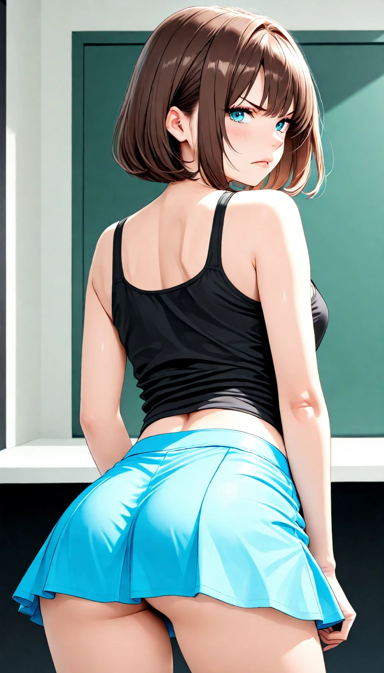 (masterpiece,highest quality,超A high resolution),japanese woman, (((Very beautiful 25 year old girl))), pretty girl、look at the photographer、 (()), super cute face, glossy lips, double eyelids in both eyes,natural smile、 natural makeup, long eyelashes, Shiny and smooth hair、center image, perfect limbs, perfect anatomy,(((Tight Skirt)))、(((turn around and look back)),wet with sweat,
