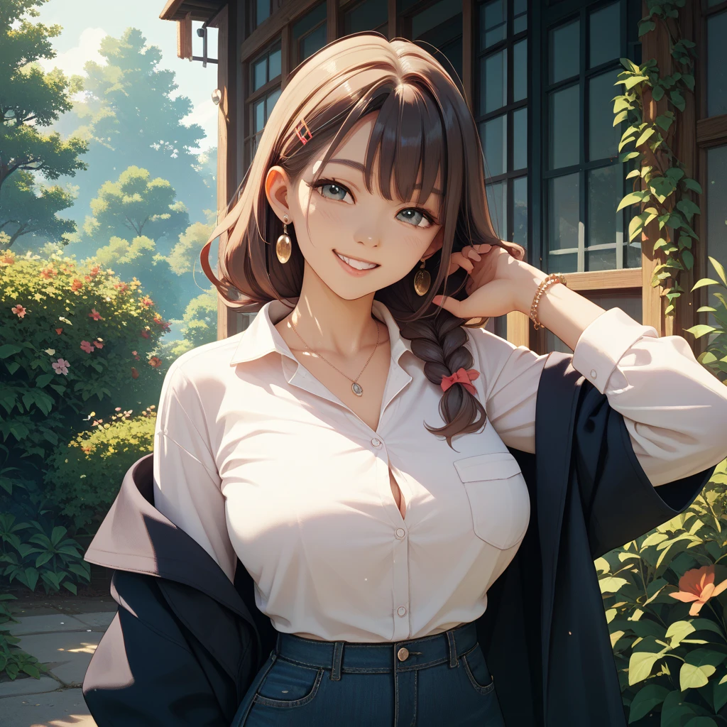 ((((highest quality)))), (((Ultra-precision CG 16K))), (((masterpiece))), (((Very detailed))), (((Extremely detailed))), (((Black outline:1.3, Written boundary depth:1.3 , Written soft outline))), Blur, Bokeh, Maximum clarity and sharpness,Multilayer Texture, Surface Shading, Cinematic lighting, Beautiful details sparkle ,Perfect Proportions, Limited to three woman, BREAK accurate, Anatomically correct, Highly detailed face and skin texture, drawn in detail, Highly detailed facial and skin texture, Detailed eyes, beautiful hair, Beautiful Japanese Idol face, Beautiful and beautiful eyes, Beautiful body, Beautiful breasts, Beautiful thighs, Beautiful legs, Beautiful fingers, (Beautiful views) , skinny body, ((Beautiful Skin)), ((Skin Texture)) BREAK breast enlarged, large Breasts, perky breast, (blush, smiling:1.3, brown eyes, pink cheek, Double eyelids, Thin eyebrows, narrow eyes:1.3, Natural cheeks, Glossy skin, Fair skin:1.2, (Glossy lips:1.4, shiny lips: 1.4 ), high school student, Attractive adult woman ) , Long-Hair:1.3, straight-Hair:1.3, Hair Intake, Inner hair color, [(gradient hair from black to green:1.4):0.4], BREAK (girly fashion, midriff peek , low rise mini skirt with slits, burberry check skirt, wearing outerwear outfits to button up) , nail art, necklace, Bridal Ring, wearing a watch BREAK (Sitting on the chair holding your knees , stick breast out),( a girl relaxing in a cafe:1.3, book and coffee cup on table, sunny outdoors,:1.3 , from front, from below, looking at friends , bust up, cowboy shot), Hydrangea