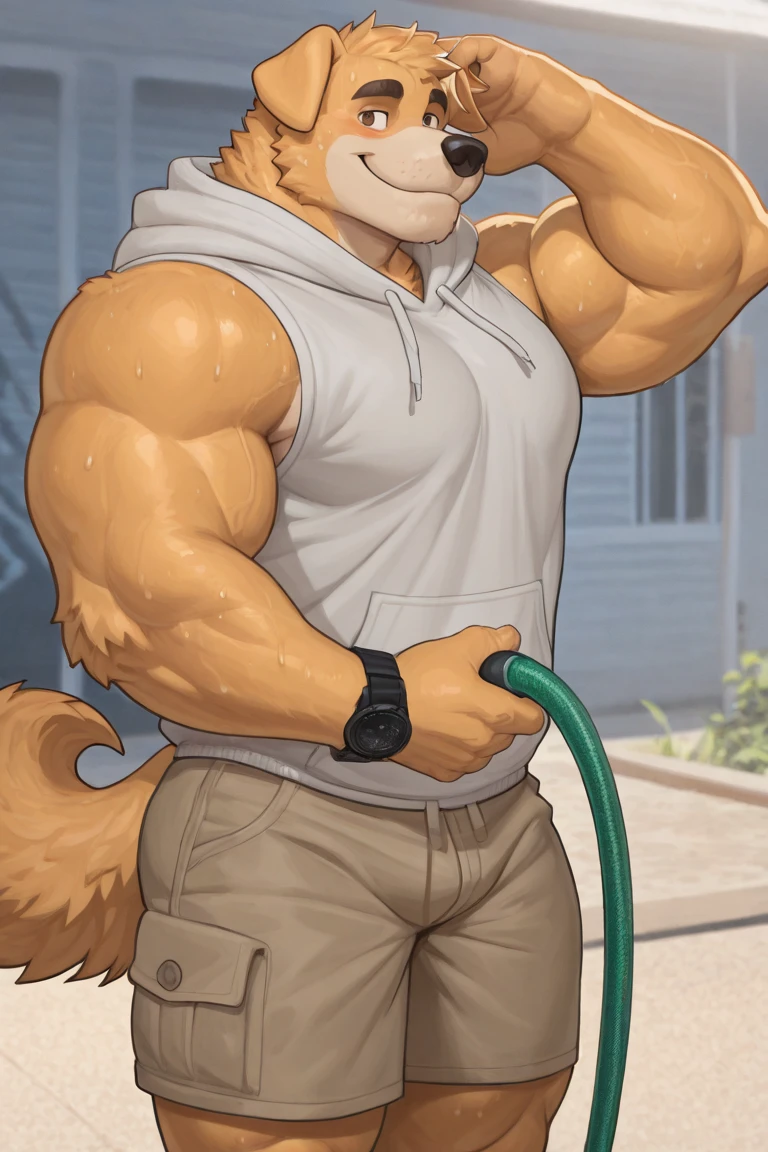 Furry, anthropomorphic bear, big pecs, broad shoulders, muscular, wearing white t-shirt, wearing Camouflage Booty Shorts, dressed as a sports coach, big bulge, wearing sun visor on hand, big biceps, Porn Star, Waterfall scene, location based on Moxie Falls, West Forks, Maine, location based on Screw Auger falls, Newry, Maine, Location based on Step Falls, Newry, Maine, soft shading, soft colors, vivid colors, pastel colors