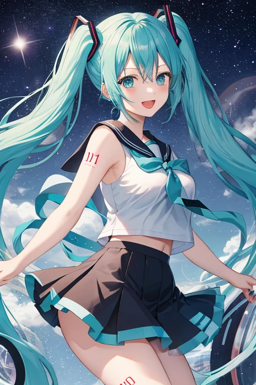 hatsune miku, face, 1 girl, beautiful, 鈍い笑face, アヘface, Shining eyes with distinctive highlights, white shirt, black pleated skirt, Sentada, rotate viewer, closed my eyes, long hair back, twin tails,