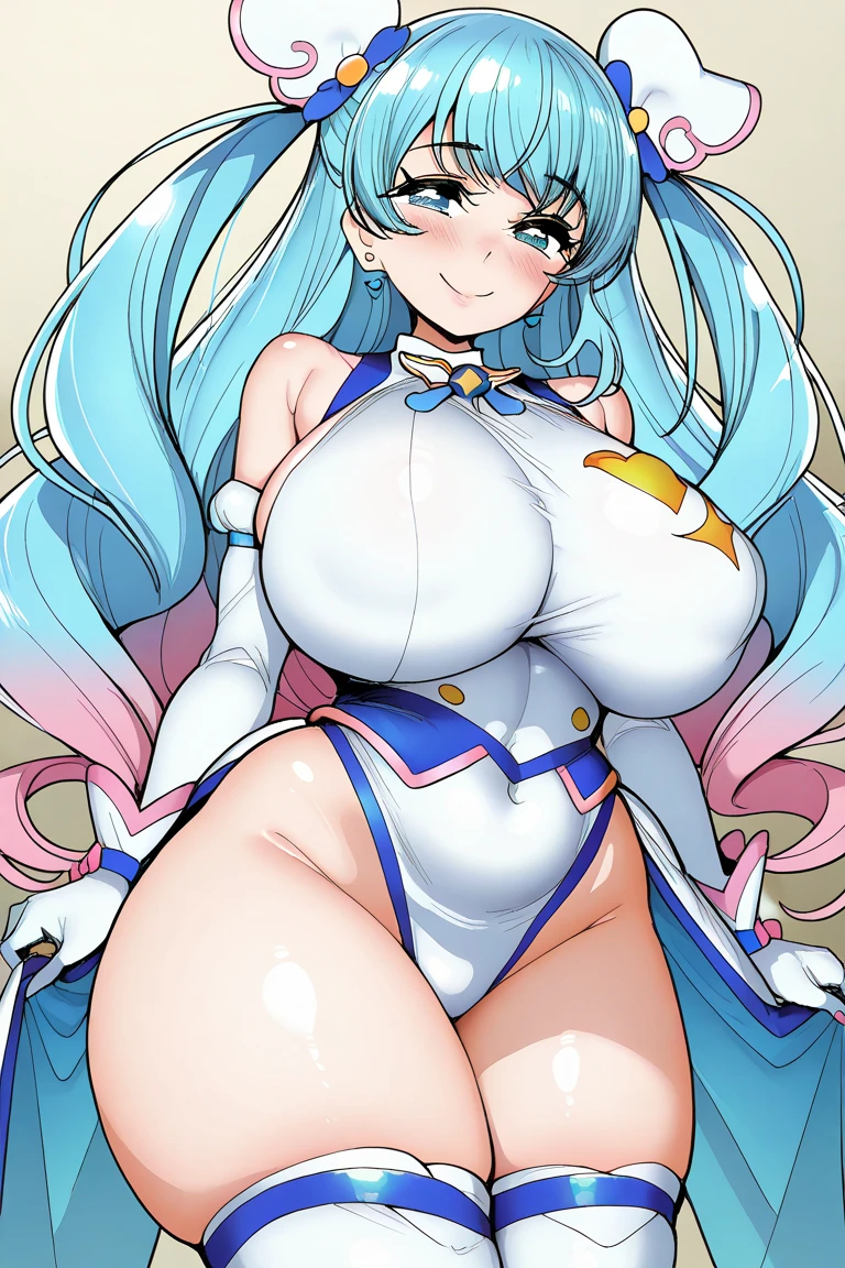 hiquality、16 K、(Huge breasts),thick thighs、Big buttocks、Parted bangs hair, :D、One eye is closed、is crying、 blush,(Long hair), Blue eyes,((((Golden head hair)))),adult  woman,Sweat,,white glove,OL,White and light blue leotard、Light blue mini skirt、White knee socks、Hands behind the body、I have my mouth wide open、(((drill perm sideburns)))、((spreading legs))、sitting down on the floor