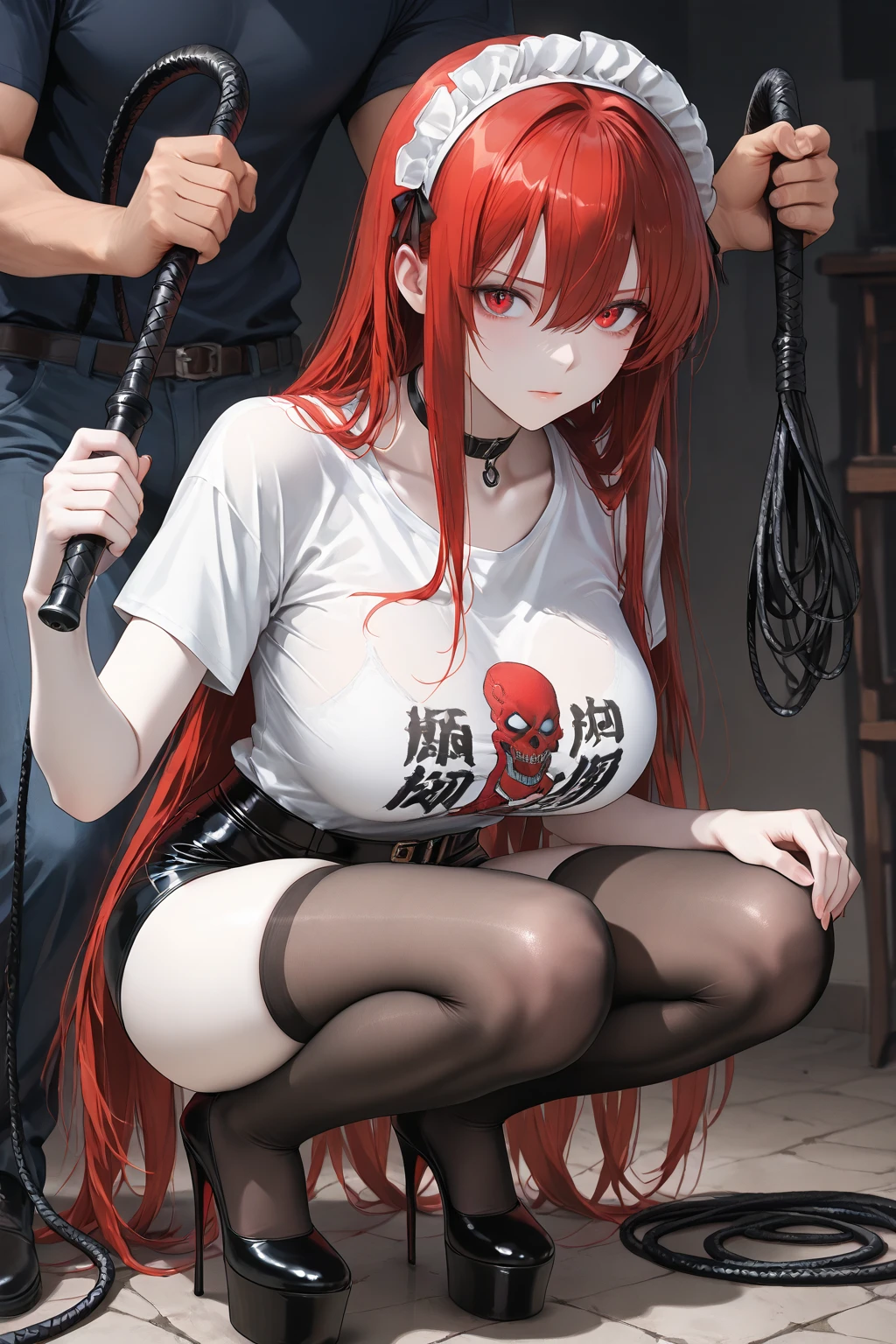 1girl,solo,rope, bondage,bdsm,restrained, sitting,chair,red hair, huge breasts, , collar, chest harness,navel,harness, electricity, ,lightning, ahegao,tears,blush, satisfying face