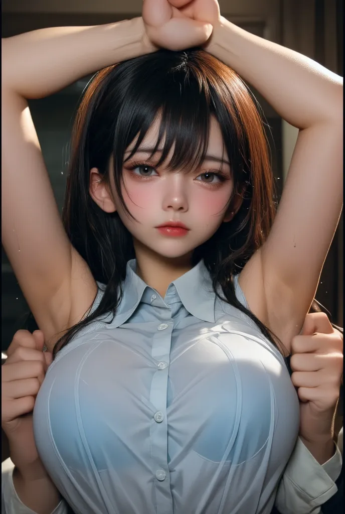 (high-level image quality、high-detail、hightquality、hight resolution、Draw everything in high resolution)、Intense crystal light blue eyes、Small diamond-shaped earrings、Gaze firmly into the camera、Put your ears out、Smiling very happily、Very beautiful teeth、Very beautiful tooth alignment、Beautiful very short black hair、Beautiful very short beautiful hair with bangs、Straight Beauty Bangs、beautiful decollete、Beautiful and cute 28 years old、lipgloss、long neck、Happy smile、Beautiful teeth alignment、Beautie、Pretty Woman、Very white business shirt with open collar、Very white business shirt with open chest、lengthen the left and right ends of the bangs、Beautiful composition、tall supermodel、Supermodel with broad shoulders、Beautiful cleavage、slightly bigger eyes
