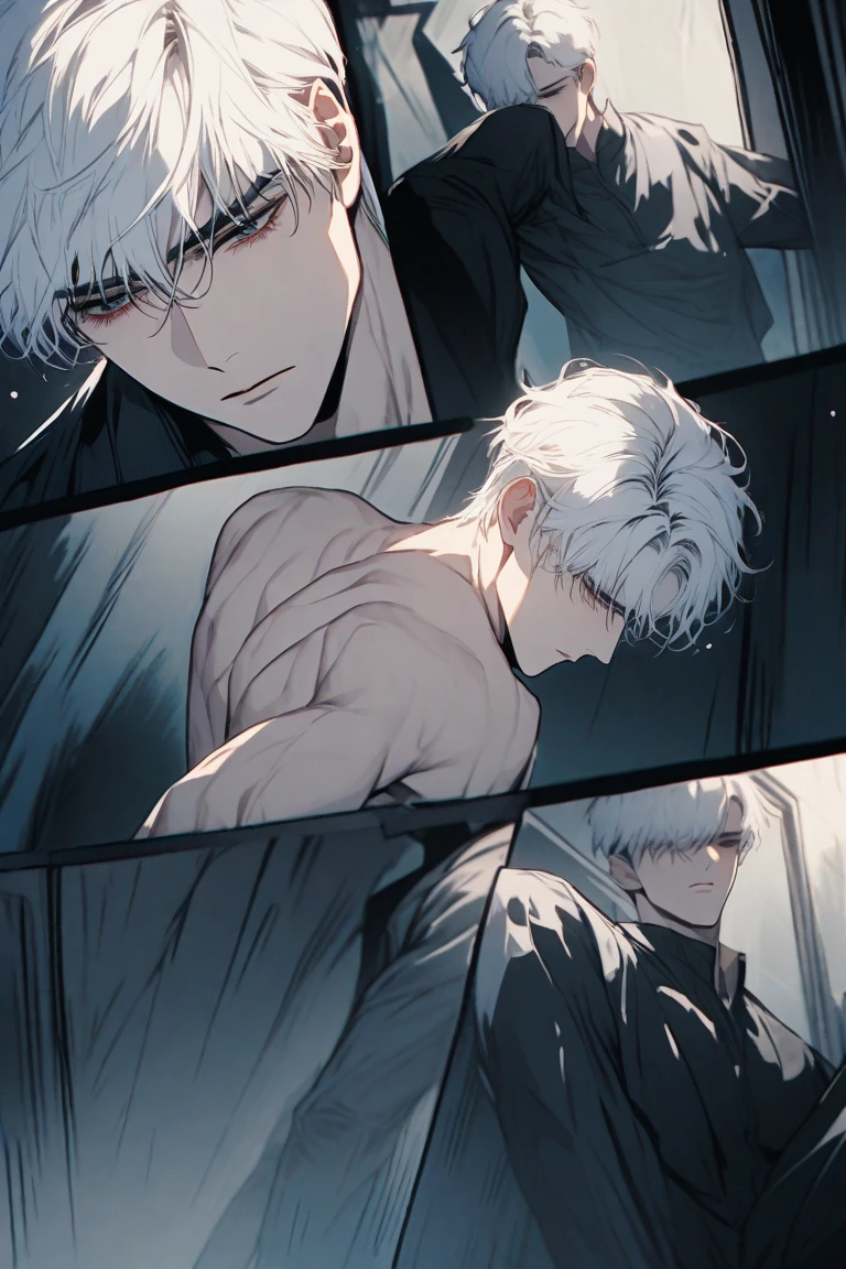short hair boy, pale skin, white  hair, removing a sword from your chest, menino com expression of pain, expression of pain, taking a sword out of his chest