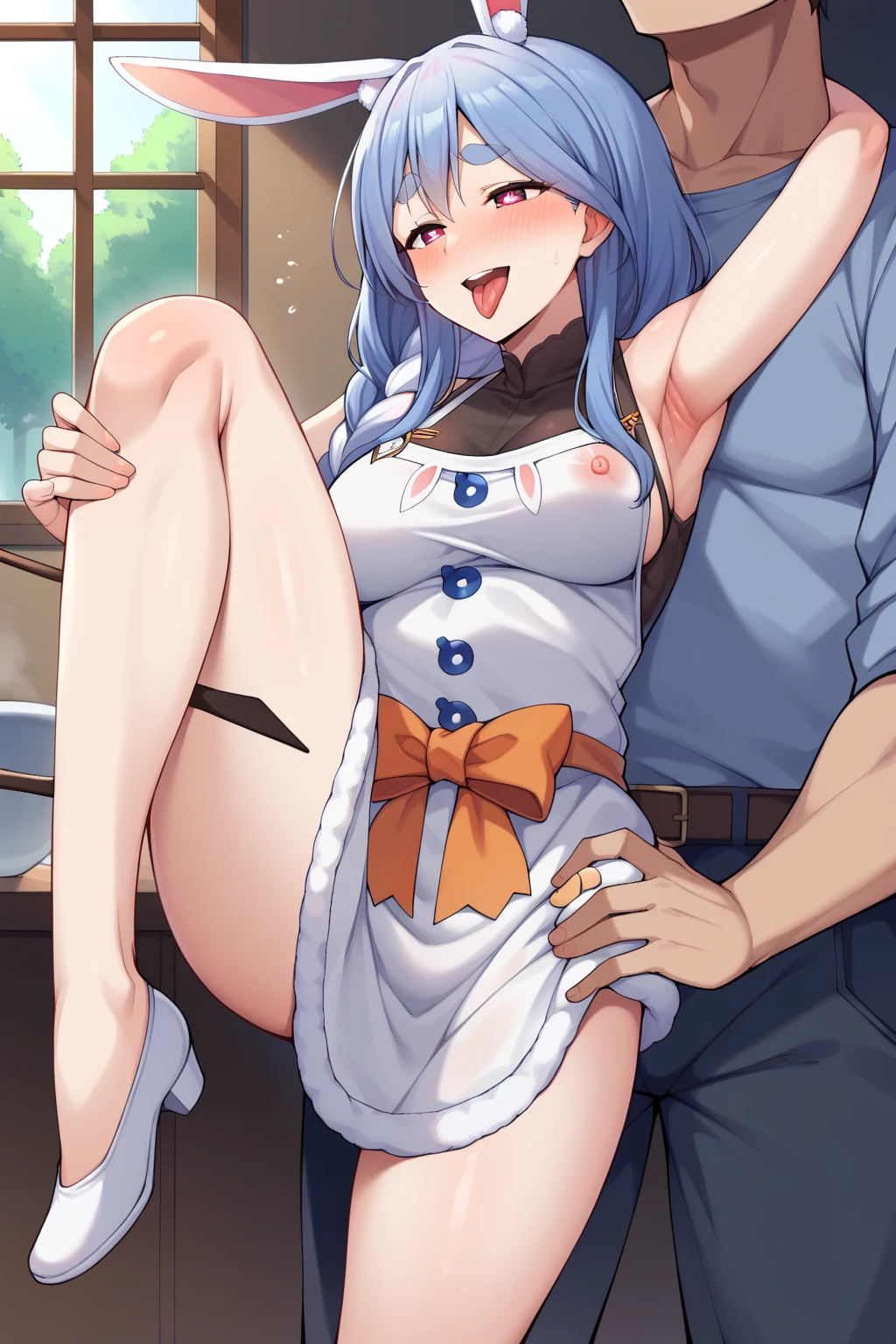 8K,highest quality,masterpiece, highest quality, High resolution, sui1, 1 girl, alone, side ponytail, hoshimachi suisei,small breasts,small nipples, male, vein penis  , blowjob,  intrusion,  sob,  ((( crying ))), teardrops , Open one eye wide, close another eye , （catch head）, Drool, Vulgarity , nude,naked,
