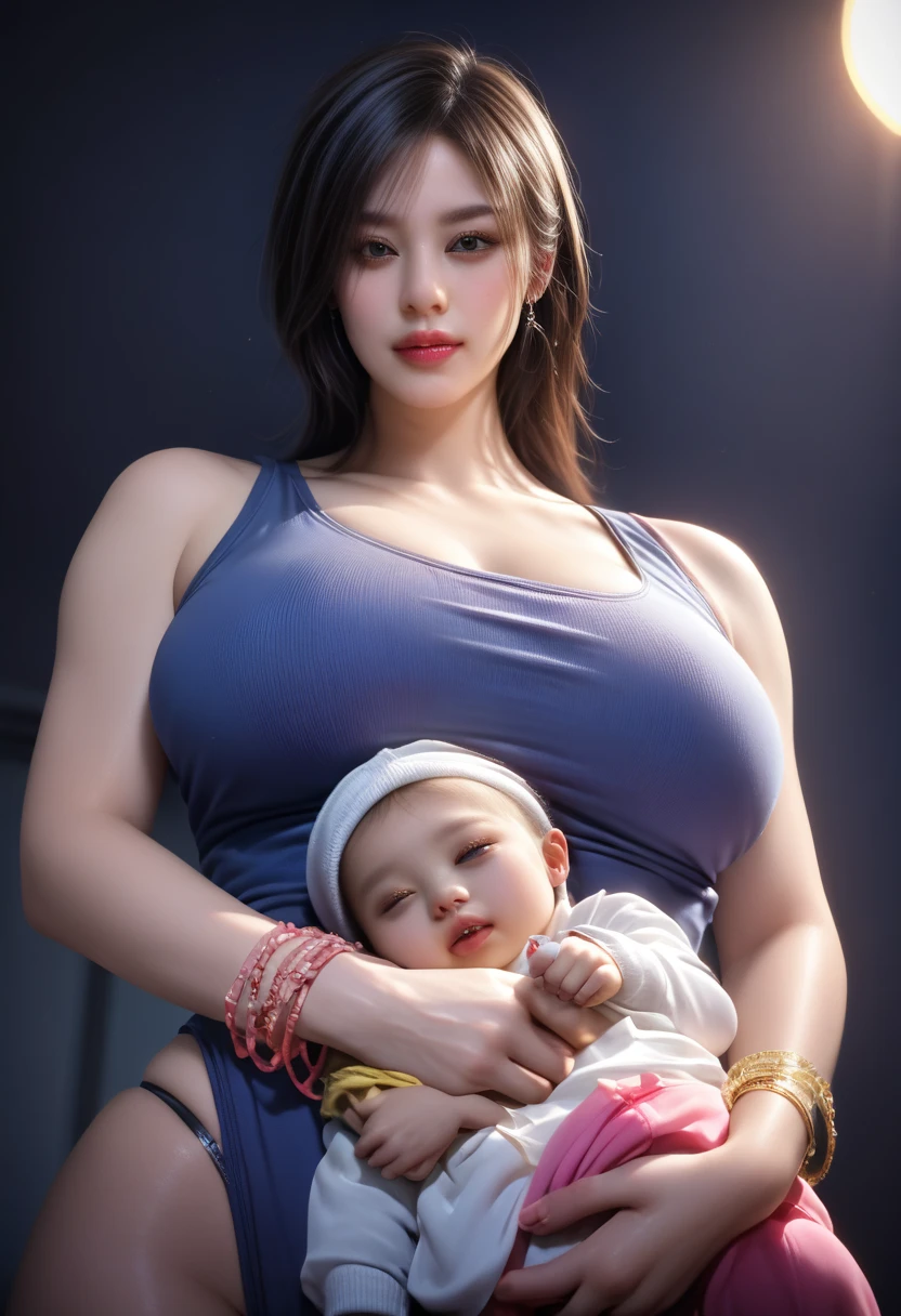 Beautiful mother , huge gigantic big breasts, in gorgeous pink skirt on a date with small son at an amusement park