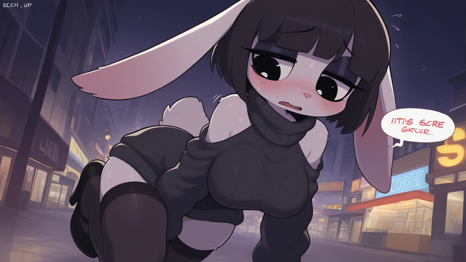 Best Quality, Very detailed, ultra detailed, 1 dark skin girl, big , thick and curvy body, Long green dreadlocks, yellow eyes, rabbit ears, black lip gloss, good, black crop top, black shorts, Long socks, big butt,  bedroom, showing your butt to the public, close up