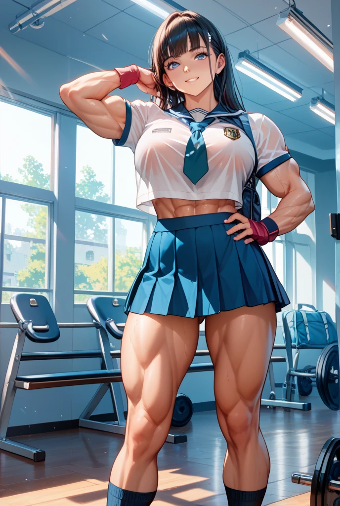 (Muscular:1.8), (thick thighs:2.1), (asian female:2), adult, (blunt bangs, long black hair:1.5), (glasses), earrings, eyeshadow, lipstick, (upper body view:1.4), (striations), (hard nipples), (small breasts:2.5), wearing a watch, wearing a bracelet, (choker, school top, sailor uniform, midriff, rolled up sleeves, cleavage, flared skirt:1.8), (sculped muscles:1.6), detailed eyes, (athletic body:1.5), (muscular body:2), (looking at viewer), (big smile:1.5), office, rim lighting, two tone lighting, dimly lit, clean skin, low key (DETAILED SKIN), (three quarter view:1.2), carrying books, turned toward light source
