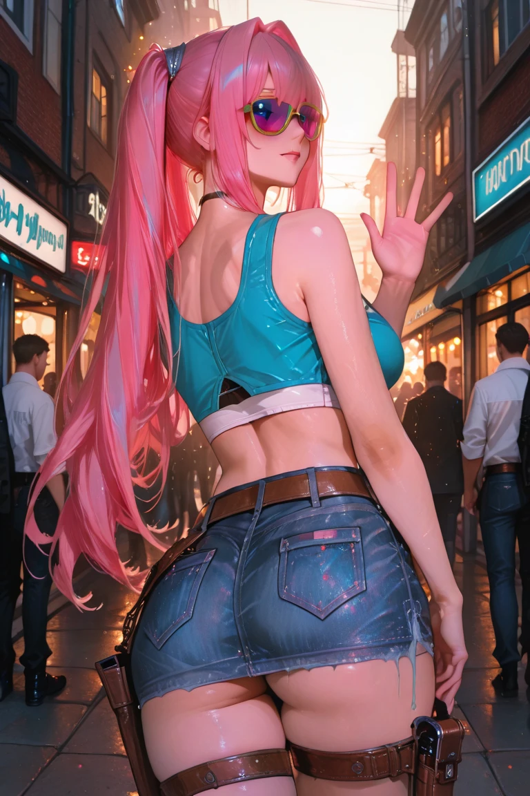2 girls, cheerful face, original pink long hair, long eyelashes, beautiful eyes with brightness, surrealism, shadow, stereogram, (photorealistic, realistic: 1.2), POV, atmospheric perspective, cinematic lighting, ray tracing, 8k, super detail, best quality, masterpiece, well detailed, (Canan EOS R6, 135mm, 1/1250s, f/2.8, ISO 400:0.9), cyberpunk, neon, neon signs, ramen shops, night, cleavage, from the back, string,  tank top, bubble butt, round small ass, bend over