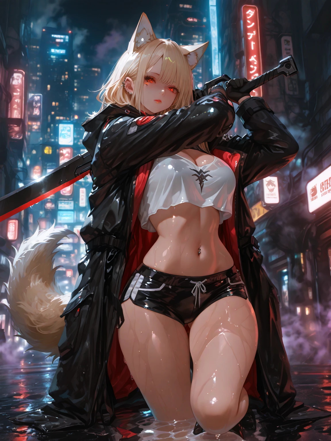 (((Different world)))、(((Luxury gold embellished dark blue high leg leotard with white fur:1.5)))、((I can see my belly button))、(((Blonde super long hair:1.2)))、((big cat ears:1.2))、(((Thigh-length knee-high boots with luxurious gold embellishments)))、(((big breasts、supermodel style、unparalleled beauty、beautiful、beautiful、beautiful woman、adult woman)))(((a red cloak waving:1.3)))(((Grasp the gun in your left hand and thrust it forward:1.8、Grasp the hilt of the sword in your right hand and take a stance.:1.８)))))(((from below　、oblique angle)))official fine art，Representative works、masterpiece、highest quality、, anatomically correct、High resolution,, 8K resolution ,masterpiece、global illumination、(((cloudy、darkness、night、A sky full of eerie black clouds、thunder、)))