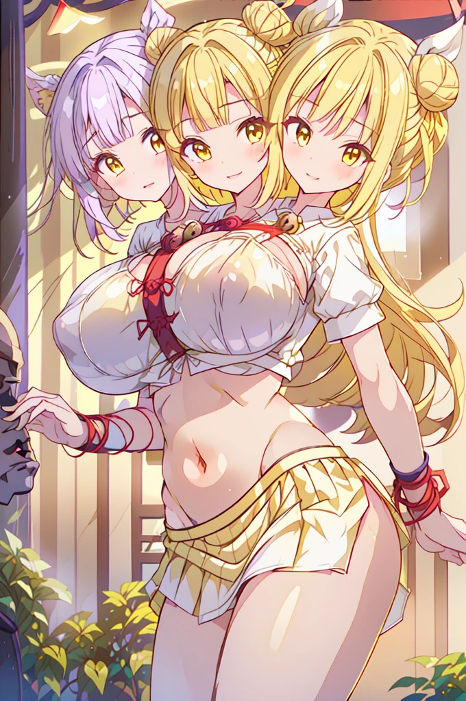 2girls，female high-school student,Angewomon，White student uniform，huge tit，ssmile，Be red in the face