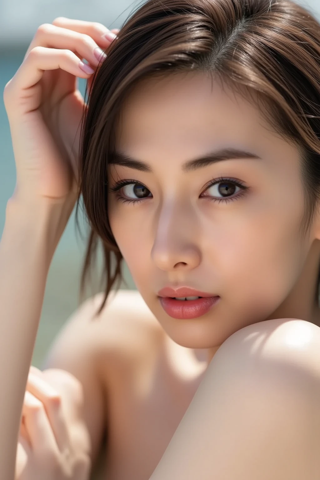 (Best quality, 8k, 32k, Masterpiece, UHD:1.2),Photo of Pretty Japanese woman, 1girl, (large breasts), (tall female), (fit figure), (abs), (lips), (medium-short dark brown hair), double eyelid, wet skin, realistic ray light, beach
