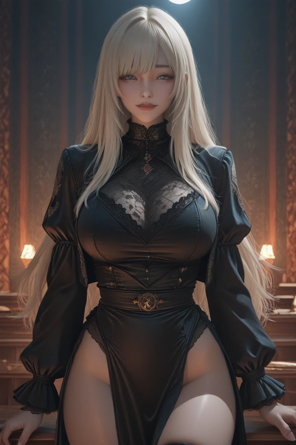 Photorealistic full-length portrait of a vampire girl in the frame, Bloodsucker, Standing in a sexy position, White glowing eyes, Detailed Face, Blood was flowing from his mouth and dripping onto his chest, fangs, Smiling, Streaks of blood, full - body, beautiful big breasts, dark makeup, eye liner, Mesmerizing eyes, well-defined cheekbones,,,,,,,,,,, Embossed jawline, standing tall, Beauty with long blonde hair, black coat with fur collar, White bloody shirt under coat, black skinny jeans, elegance, grace, natural beauty, attraction , charisma, многосторонность, photogenic, Dark street, Dark, Deep Night, cos, shrouded in darkness,, Form-fitting silhouette, Glowing eyes in the dark