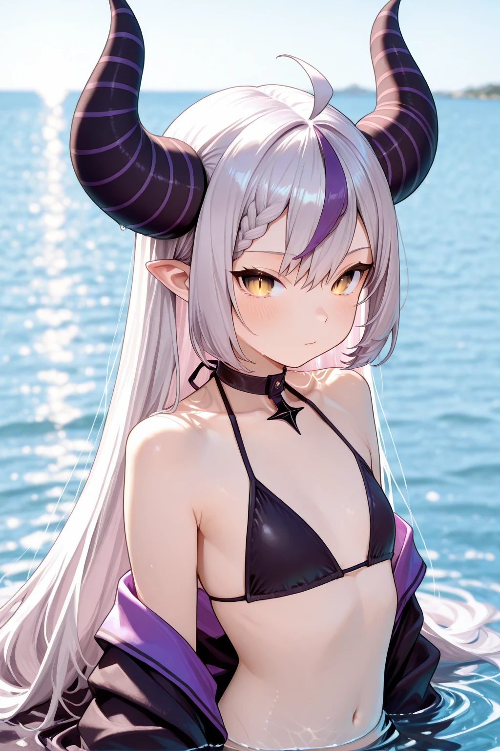 NSFW,Hololive,Laplace Darkness,long hair,Small breasts,Swimwear,Micro Bikini,High leg bikini,Embarrassed,blush,In heat,A wistful look,I feel pleasure,(Perfect hands),(Perfect Anatomy),(masterpiece),(highest quality),beach,Palm tree,Rock Shade,Leaning forward