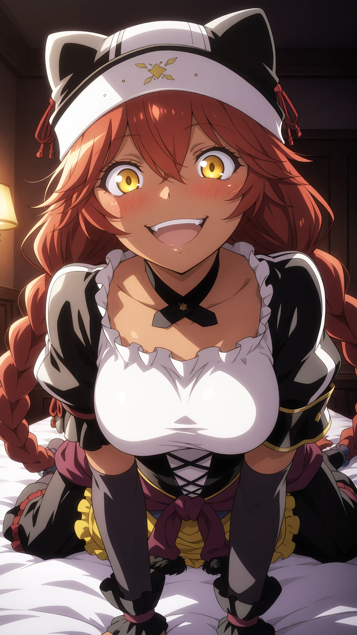 Lupusregina_Beta, overlord \(maruyama\)
High quality , best quality , masterpiece, High Resolution , detailed face( LoRA: Lupusregina),anatomically correct, detailed hair Style( LoRA: Lupusregina),anime Coloring
red hair, twin braids, long hair, hair tubes, yellow eyes, hair between eyes, dark skin, dark-skinned female
Black maid uniform, underbust, hair tubes, black animal hat, black choker, white shirt, taut shirt, black corset, puffy short sleeves, elbow gloves, black bridal gauntlets, wrist cuffs, clothes around waist, yellow apron,breast,
looking at viewer , close-up,
bedroom,dark room,on the bed,
open mouth, crazy smile,blush,
Crawl on all fours,on stomach
