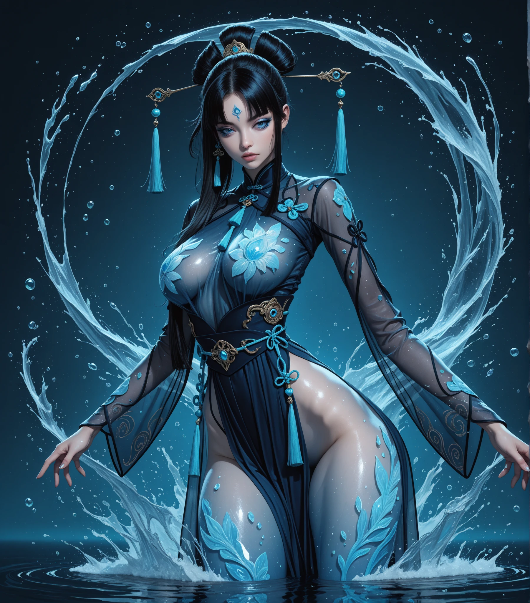 In the captivating image before you, a stunningly beautiful full-body tattooed Asian female is depicted in a top-down perspective, gazing upwards with an expression of awe and wonder. Her symmetrically designed tattoos cover every inch of her skin, intricately interwoven into a mesmerizing masterpiece of art. The artist's expertise is showcased through the crisp lines, vibrant colors, and flawless execution of each delicate detail. The tattoos wind and flow through her form, accentuating her athletic build and sculpted physique, leaving little to the imagination. Her hair cascades around her head, adding a natural touch to the otherwise captivating work of art