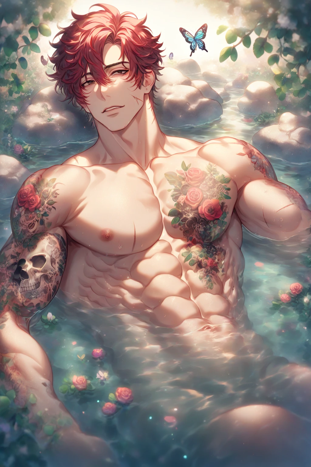 Muscular Natsu Dragneel laying down on flowers and grass, relaxed expression, tattoo on chest, naked penis , muscular pecs and washboard abs, sweating heavily, wristwatch, necklace, green leaves on ground, detailed scene, good contrast,