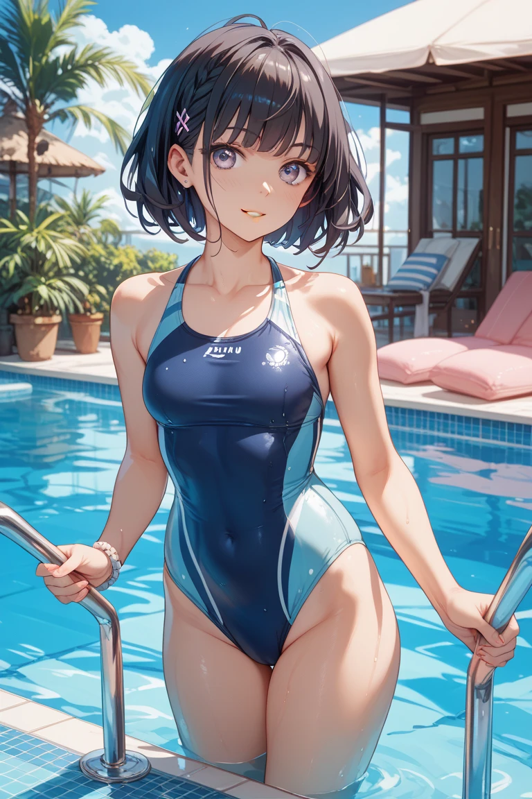 (nsfw:1.2), solo girl, 18 years old woman , gravure idol, sky blue competition swimsuit, kawaii face, delicate beautiful face ,well-proportioned face, blush, embarrassed face, slender body, sweaty body, small tits, perky breast, hard, open legs, ultra detailed, (masterpiece:1.5), (best quality:1.2), 8k, hd, highres, a professional photograph, exquisite detail, sharp-focus, award-winning photograph, small-catchlight, beautiful lighting, facial-symmetry, full body, poolside, with joy