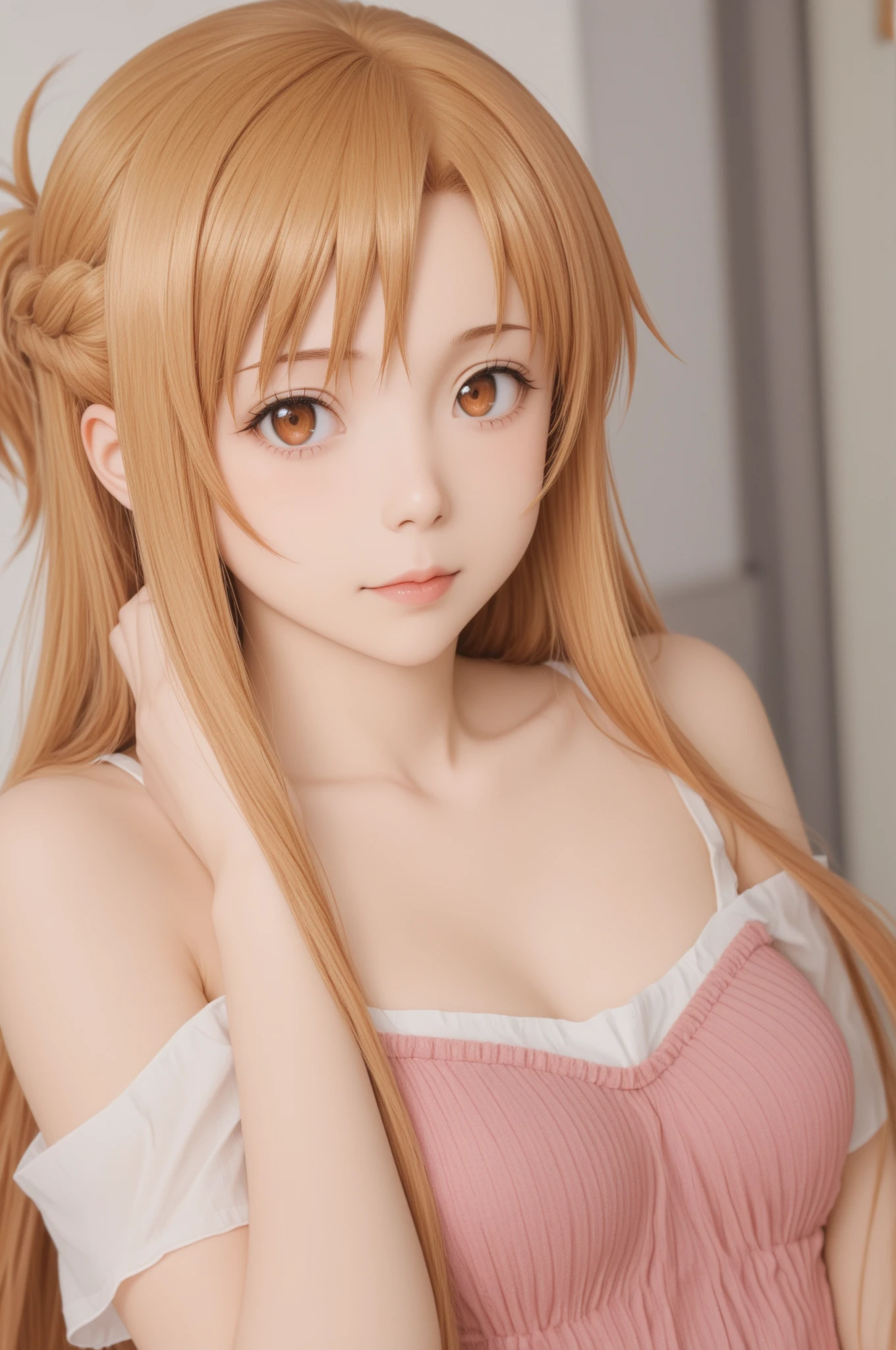 realistic、picture、High level image quality、solo、perfectly detailed face、detailed blue eyes、very detailed、blush、hair ornaments、chignon mahogany hair、(blonde hair)、Plug suit 02,Shikinami Asuka Langley、slender beautiful legs、10 years old young face、Cute Aiur bodysuit、torn suit、My chest flutters、chest exposed、hakone background、big breasts